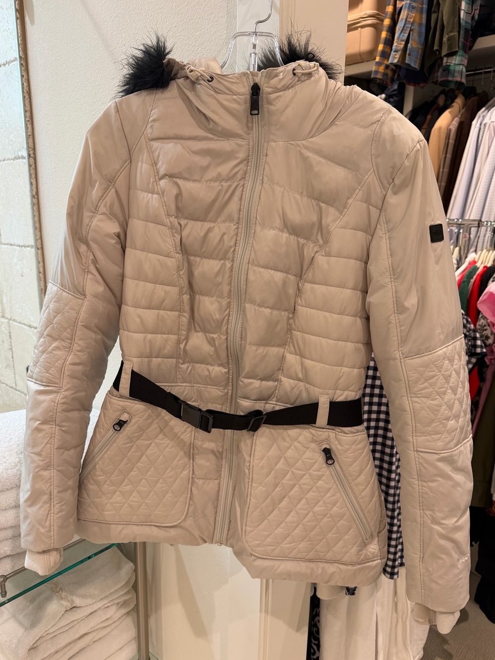 The North Face Women's Cream/light gray Quilted Puffer Ski Jacket with Belt